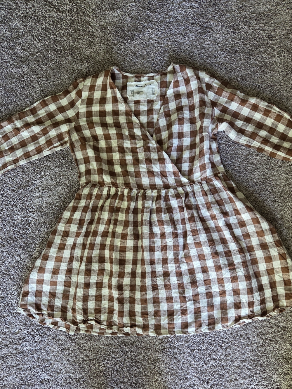 Women's Brown and White Gingham Wrap-Style Casual Linen Dress